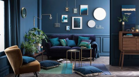 Living room, Furniture, Blue, Room, Couch, Interior design, Turquoise, Property, Coffee table, Wall, 