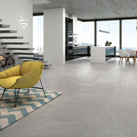 Floor, Flooring, Furniture, Interior design, Room, Wall, Tile, Ceiling, Tile flooring, Grey, 