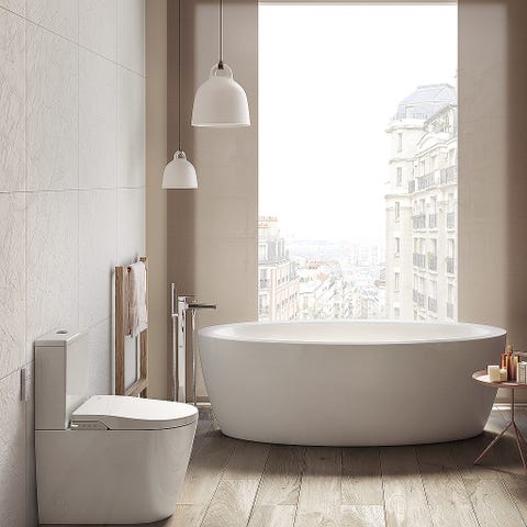 Bathroom, White, Bathtub, Tile, Room, Interior design, Property, Floor, Wall, Plumbing fixture, 