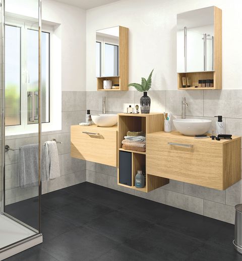 Bathroom, Room, Furniture, Sink, Property, Floor, Product, Interior design, Tile, Bathroom cabinet, 