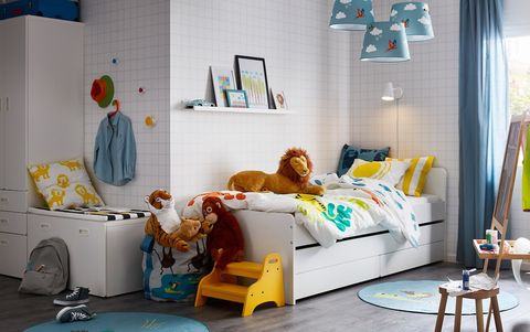 Room, Furniture, Bed, Product, Bed sheet, Yellow, Interior design, Turquoise, Bedroom, Nursery, 