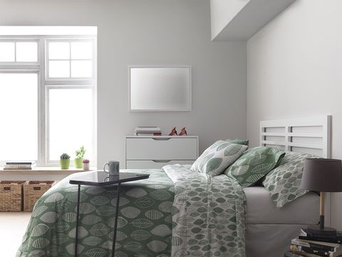 Bedroom, Furniture, Room, Bed, Bedding, Bed sheet, Bed frame, Interior design, Green, Property, 