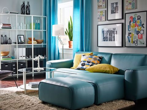 Furniture, Living room, Room, Couch, Turquoise, Interior design, Shelf, studio couch, Teal, Wall, 