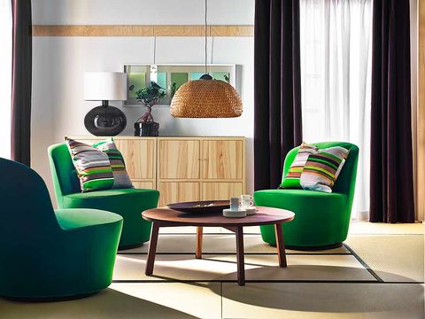 Green, Interior design, Room, Floor, Flooring, Furniture, Interior design, Lamp, Living room, Lampshade, 