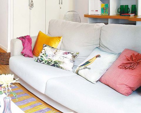 Room, Yellow, Interior design, Green, Living room, Textile, Orange, Wall, White, Furniture, 