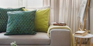 Furniture, Room, Interior design, Lampshade, Curtain, Green, Yellow, Product, Living room, Lighting, 