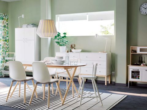 Furniture, Dining room, Room, White, Interior design, Table, Green, Property, Chair, Floor, 