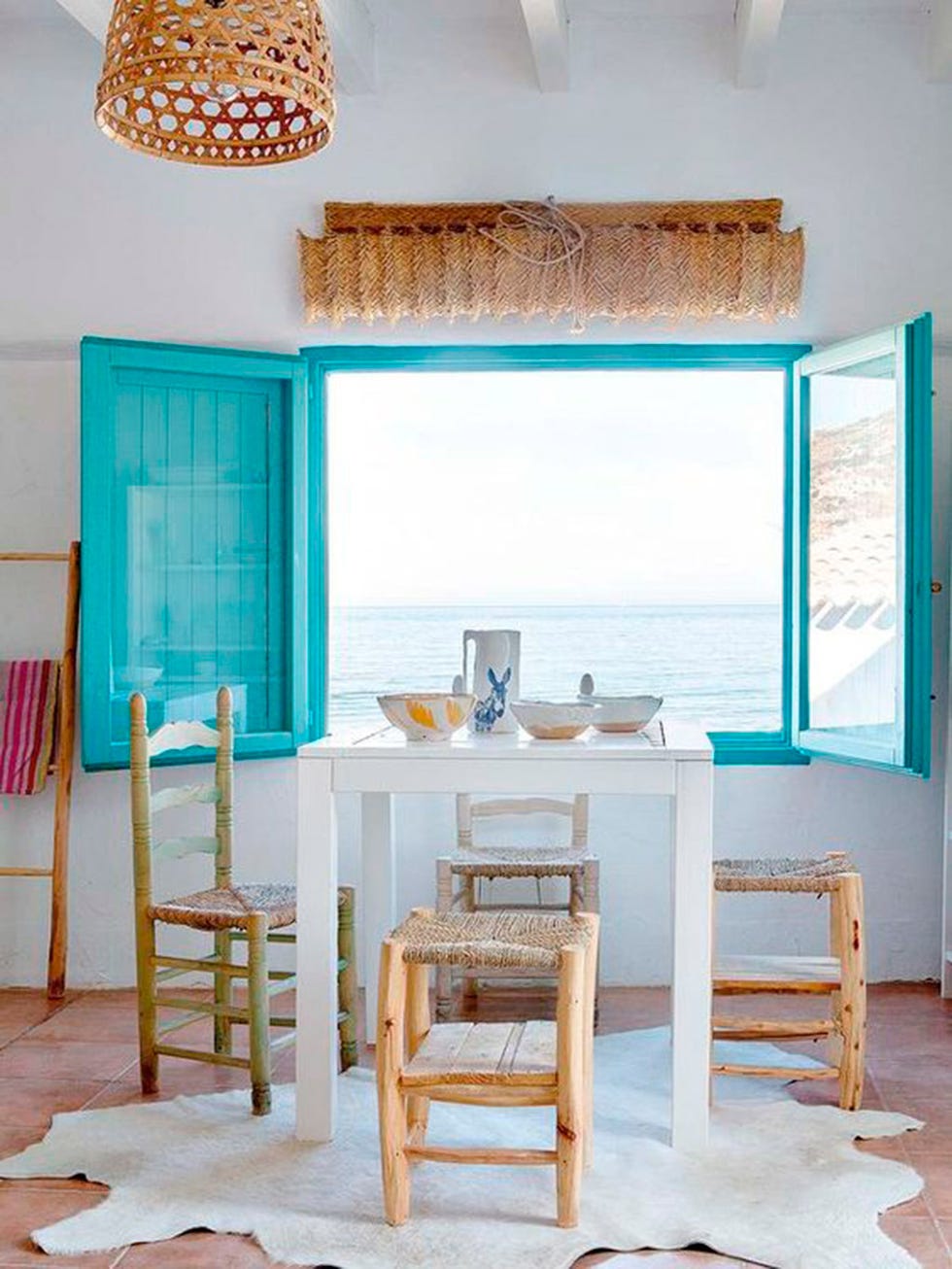 Blue, Wood, Room, Interior design, Furniture, Turquoise, Teal, Ceiling, Floor, Table, 
