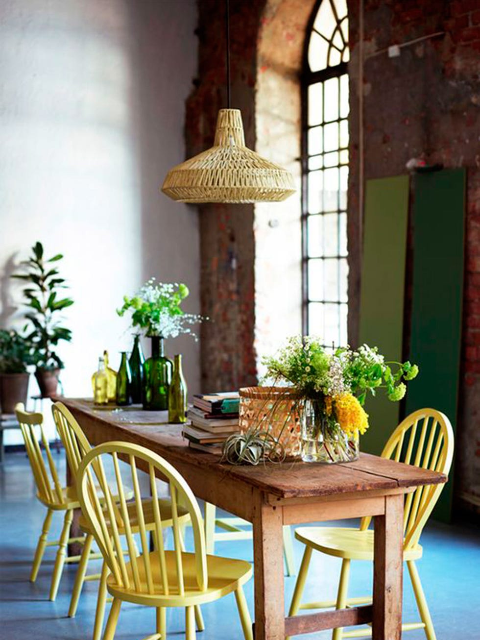 Yellow, Room, Table, Furniture, Chair, Interior design, Flowerpot, Houseplant, Dining room, Interior design, 