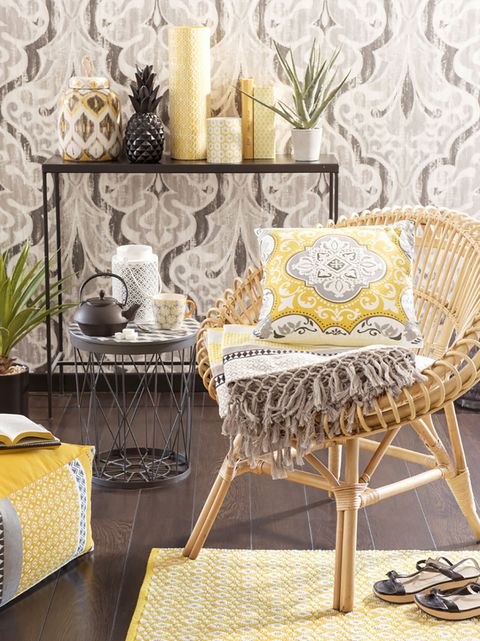 Furniture, Yellow, Coffee table, Table, Room, Interior design, Chair, Living room, Wicker, Wallpaper, 