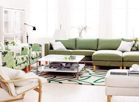 Interior design, Room, Green, Living room, Home, Furniture, White, Couch, Table, Wall, 