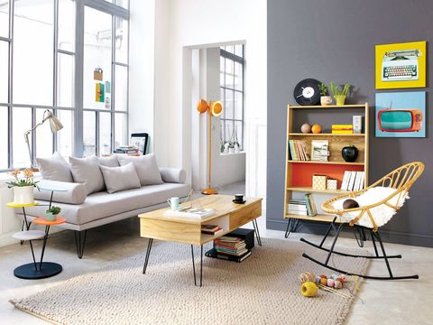 Interior design, Room, Yellow, Floor, Living room, Table, Flooring, Furniture, Home, Wall, 