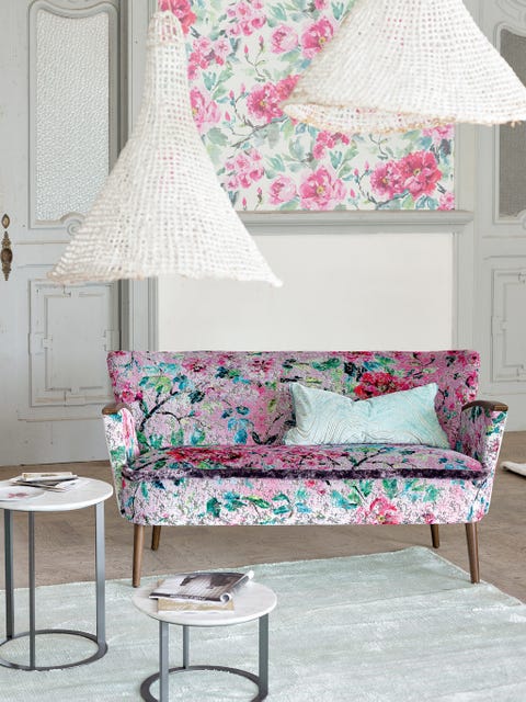 Blue, Room, Interior design, Furniture, Textile, Wall, Lampshade, Pink, Home, Table, 