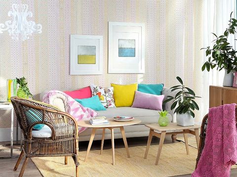 Room, Interior design, Green, Furniture, Textile, Home, Interior design, Wall, Purple, Living room, 