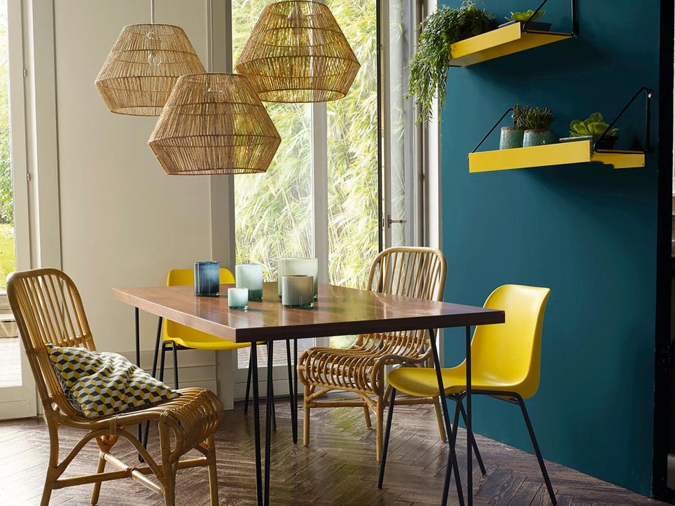 Room, Yellow, Furniture, Interior design, Table, Lampshade, Chair, Floor, Glass, Fixture, 
