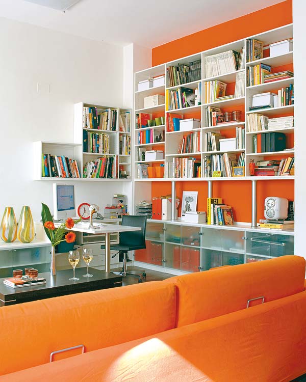 Room, Interior design, Shelf, Orange, Bookcase, Shelving, Furniture, Wall, Publication, Couch, 