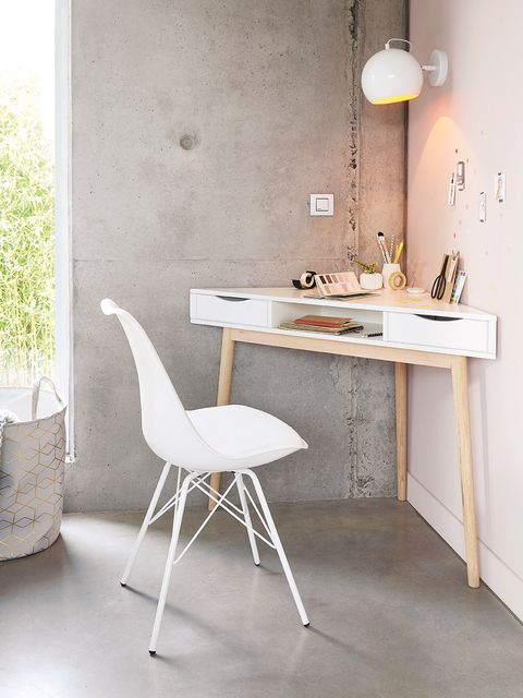 White, Furniture, Floor, Chair, Table, Room, Desk, Product, Tile, Interior design, 