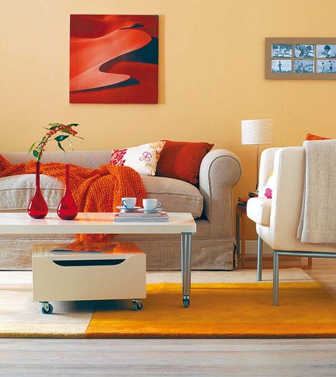Room, Interior design, Furniture, Orange, Floor, Wall, Lamp, Interior design, Flooring, Pillow, 