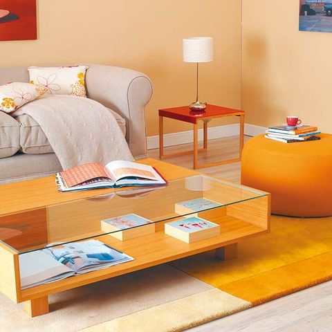 Room, Interior design, Orange, Furniture, Table, Floor, Flooring, Living room, Couch, Lamp, 
