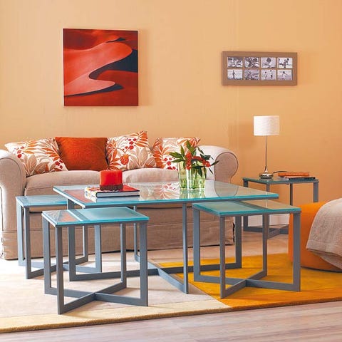 Room, Interior design, Table, Furniture, Couch, Orange, Interior design, Living room, Lamp, Coffee table, 