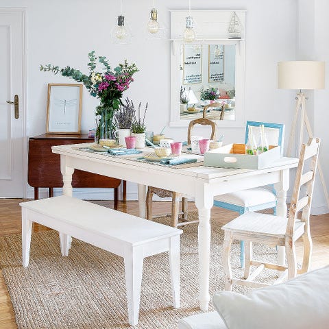 Furniture, White, Dining room, Room, Table, Interior design, Chair, Kitchen & dining room table, Home, Coffee table, 