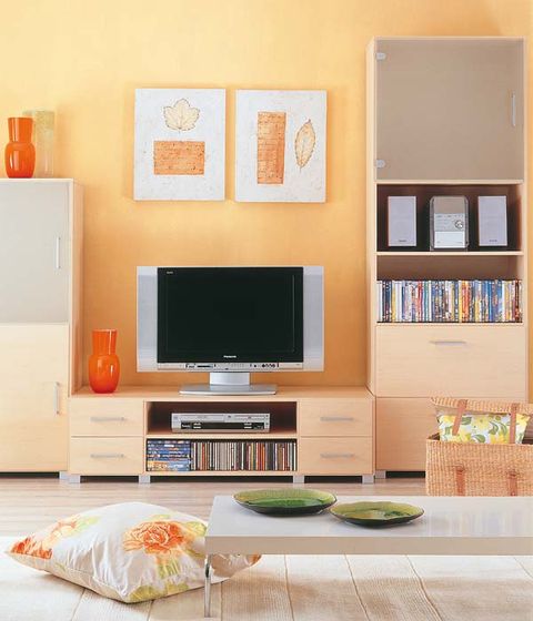 Room, Interior design, Display device, Wall, Television set, Shelving, Orange, Interior design, Home, Peach, 