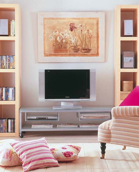 Wood, Room, Interior design, Wall, Home, Living room, Furniture, Shelving, Pink, Shelf, 