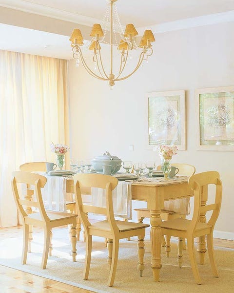 Yellow, Room, Interior design, Floor, Table, Light fixture, Furniture, Chair, Dining room, Chandelier, 