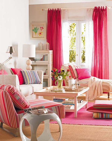 Interior design, Room, Textile, Furniture, Pink, Home, Living room, Interior design, Table, Window treatment, 