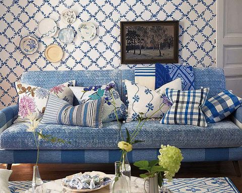 Blue, Room, Interior design, Furniture, Living room, Couch, Wall, Home, Purple, Pattern, 