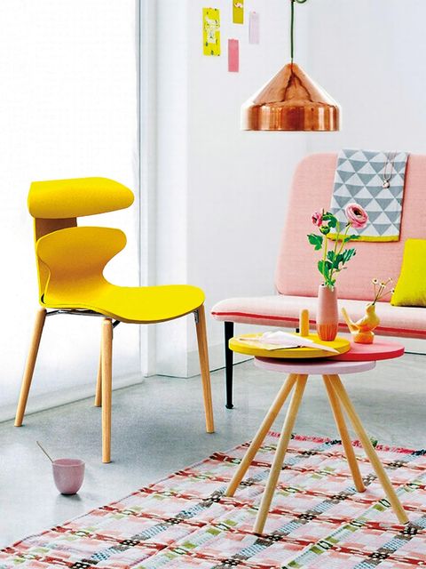 Yellow, Room, Interior design, Furniture, Lampshade, Floor, Orange, Lamp, Chair, Peach, 