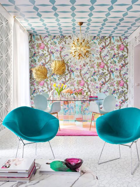 Interior design, Turquoise, Furniture, Room, Pink, Aqua, Living room, Chair, Wallpaper, House, 