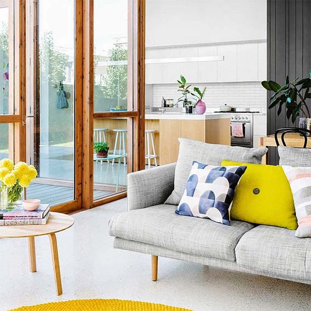 Living room, Furniture, Room, Yellow, Interior design, Couch, Property, Home, Coffee table, Table, 