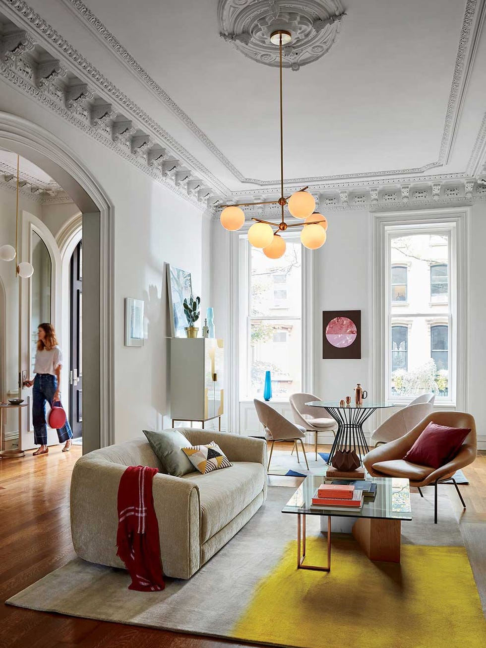 Living room, Room, Interior design, Furniture, Ceiling, Property, Floor, Building, Chandelier, Yellow, 