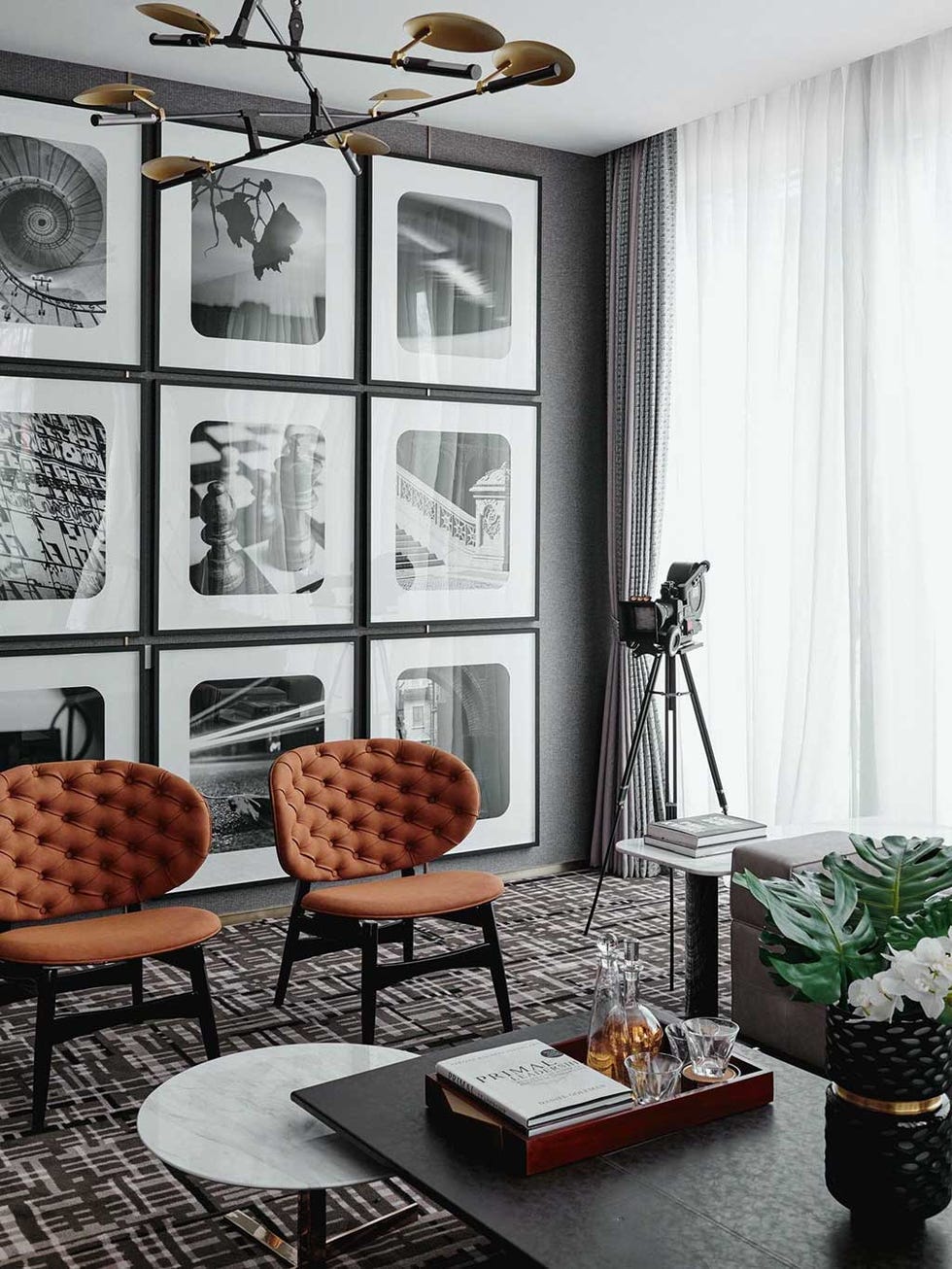 Room, Interior design, Furniture, Living room, Wall, Table, Dining room, Chair, Black-and-white, House, 