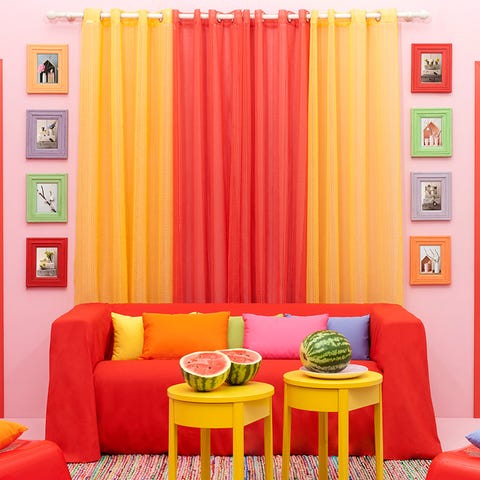 Room, Yellow, Interior design, Textile, Orange, Furniture, Wall, Interior design, Couch, Living room, 
