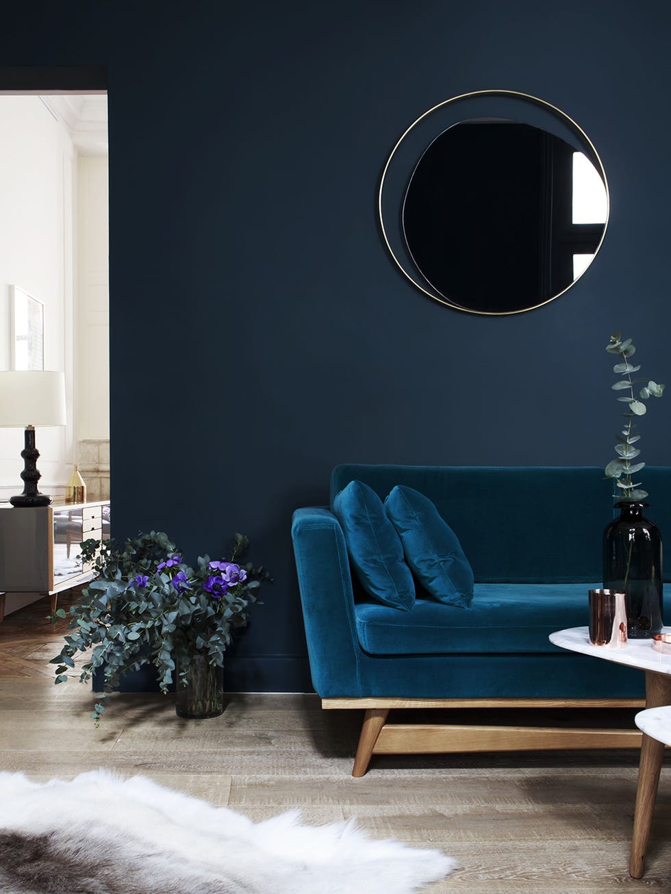 Blue, Room, Interior design, Wall, Furniture, Floor, Interior design, Mirror, Living room, Home, 
