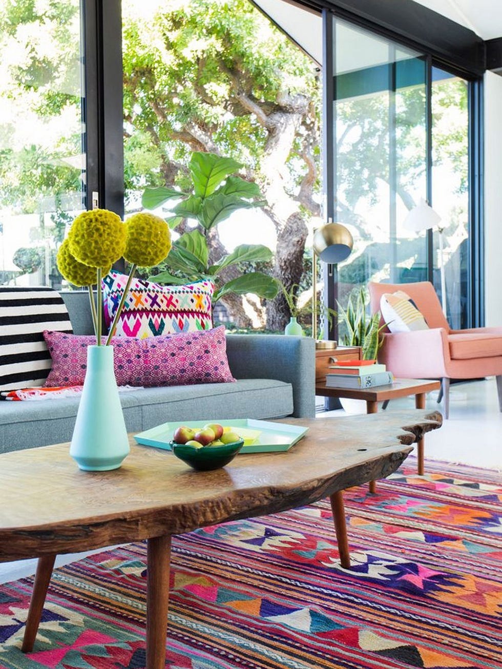 Living room, Room, Furniture, Interior design, Coffee table, Table, Home, Purple, Pink, Yellow, 