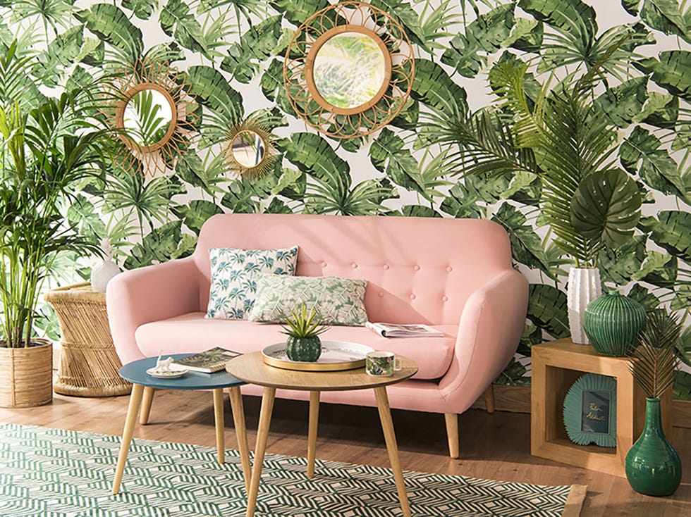 Green, Living room, Room, Furniture, Interior design, Table, Turquoise, Botany, Couch, Wallpaper, 