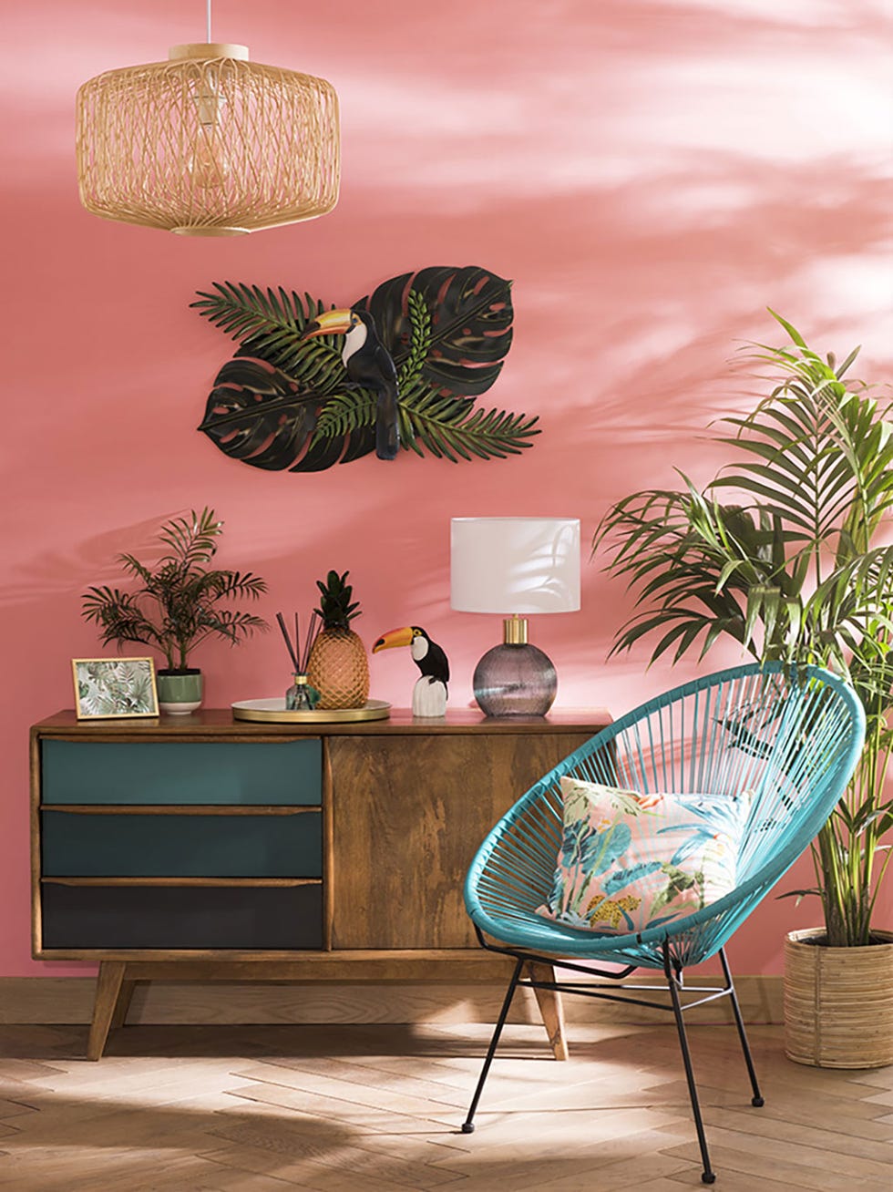 Green, Wall, Turquoise, Room, Interior design, Botany, Leaf, Tree, Furniture, Living room, 