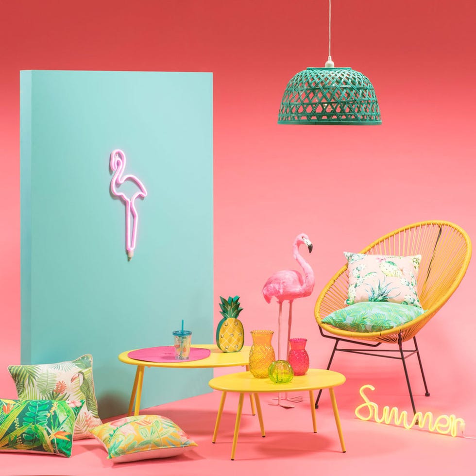 Pink, Turquoise, Green, Flamingo, Room, Furniture, Table, Wallpaper, Magenta, Chair, 