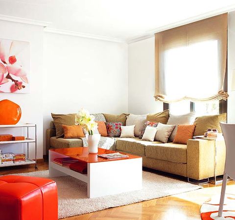 Room, Interior design, Wall, Living room, Orange, Floor, Home, Furniture, Couch, Flooring, 