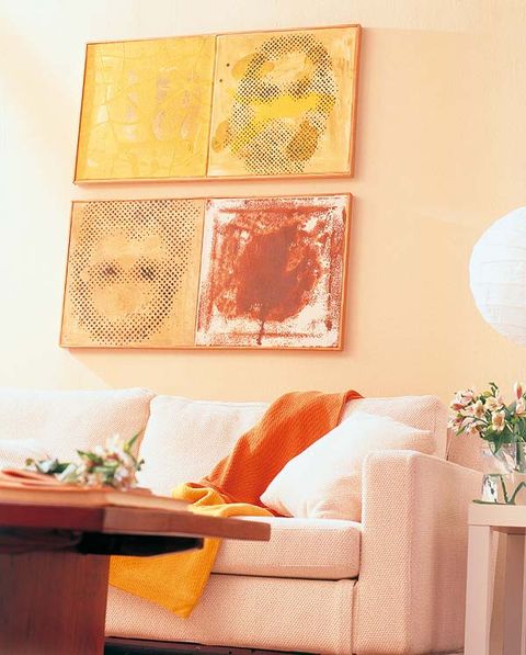Room, Interior design, Wall, Orange, Flowerpot, Couch, Living room, Pillow, Throw pillow, Interior design, 