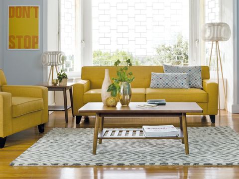 Room, Interior design, Wood, Floor, Flooring, Yellow, Living room, Furniture, Table, Home, 