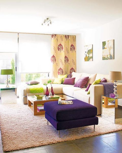 Room, Interior design, Green, Floor, Living room, Flooring, Furniture, Wall, Couch, Purple, 