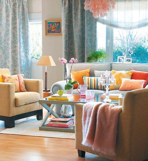 Room, Interior design, Yellow, Orange, Textile, Living room, Home, Furniture, Interior design, Peach, 