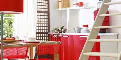 Room, Red, Interior design, Furniture, Floor, Table, Ladder, Carmine, Houseplant, Kitchen & dining room table, 