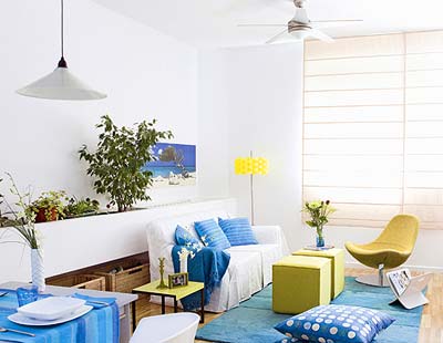 Blue, Room, Interior design, Green, Yellow, Wall, Property, Home, White, Ceiling fan, 