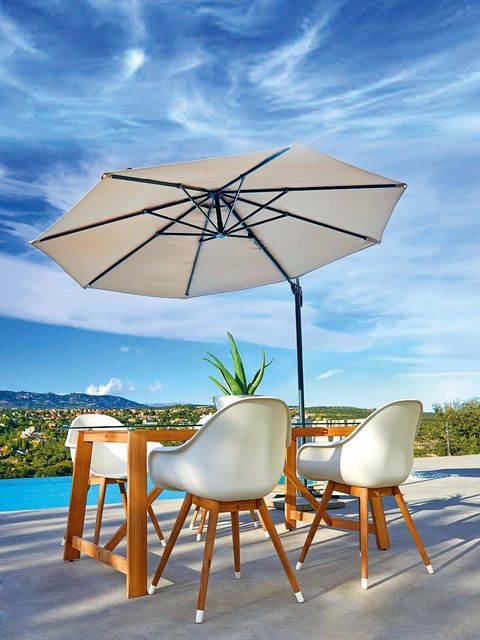 Sky, Furniture, Outdoor furniture, Chair, Umbrella, Summer, Azure, Sunlounger, Shade, Armrest, 