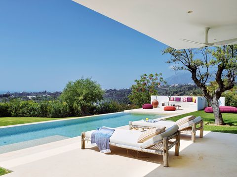 Property, Swimming pool, Outdoor furniture, Real estate, Azure, Shade, Sunlounger, Outdoor bench, Resort, Aqua, 